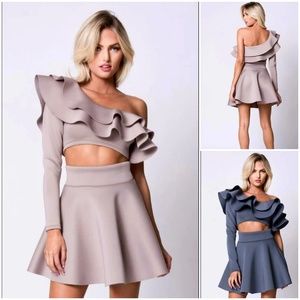 One Shoulder Ruffle Flared Skirts Set
